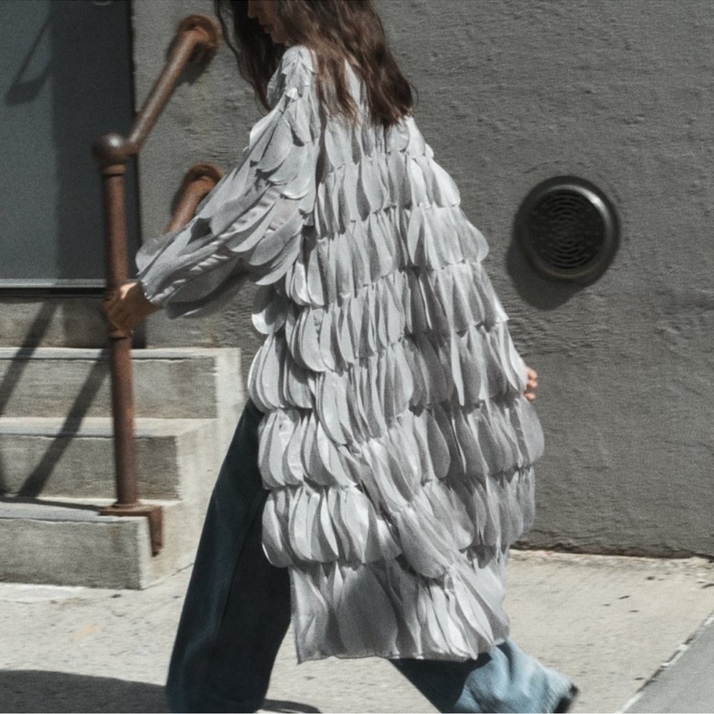 Zara Light Gray Layered Petal-Detail Long Coat - Picture 5 of 14
